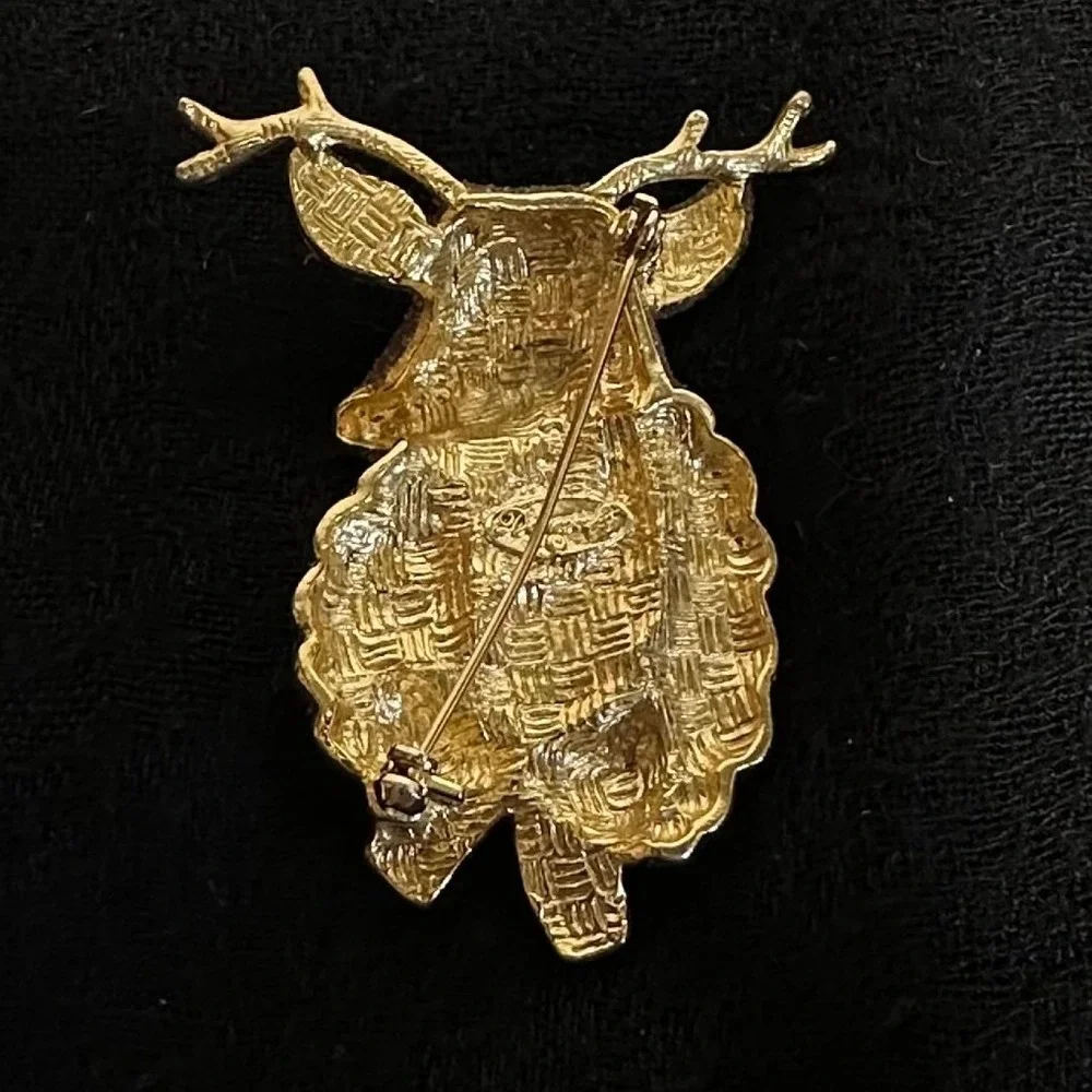 Danecraft‎ Reindeer Brooch Gold Tone Enamel Glitter Wreath Christmas Bow